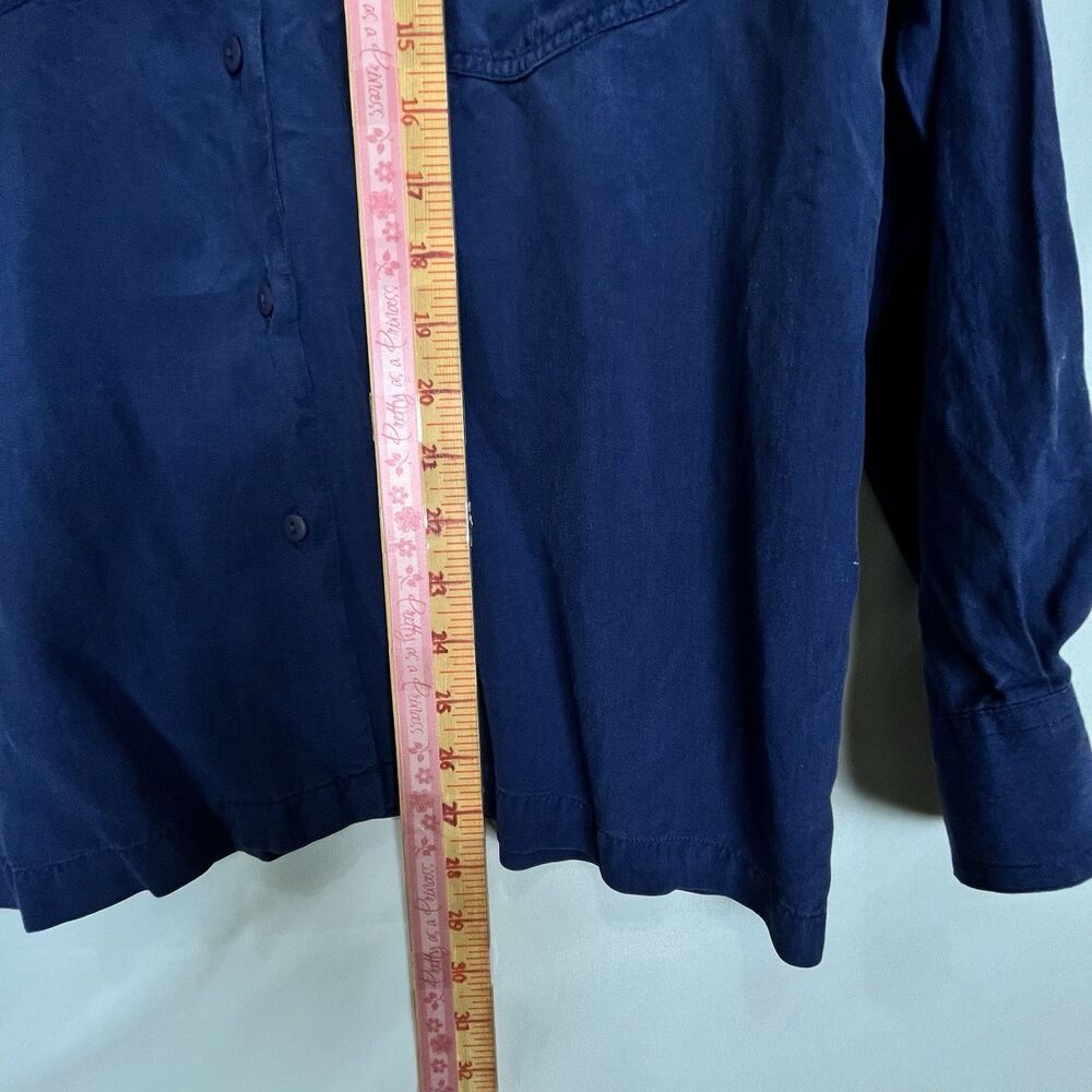 100% Silk Crepe Blouse Blue Button Front Women Size L Matte Lightweight - Picture 11 of 12